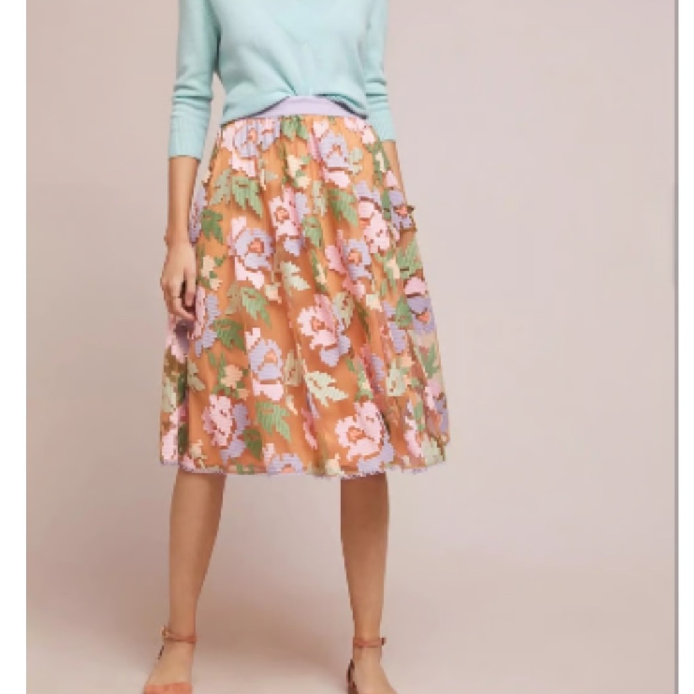Anthropologie Orange Pink Pleated A-Line Midi Skirt